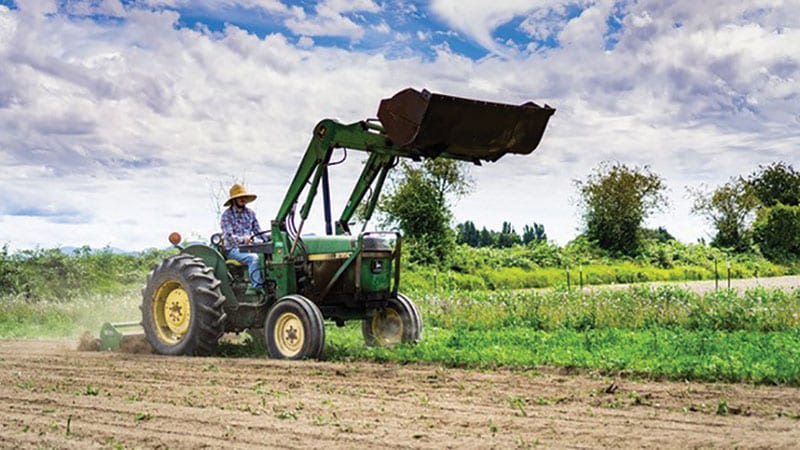 Farmworker ploughing a field